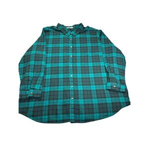Woman Within Button Front Flannel Shirt Top Size 30/32 3X Plaid Green Black Blue